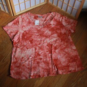 Essentials Tie Dye Print Sequin Trim V-Neck Tee